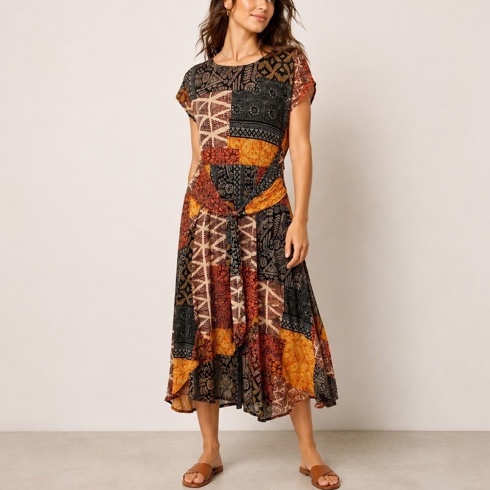 Robbie Bee Dress Womens L Multicolor Patchwork Fit & Flare Midi Boho Jersey